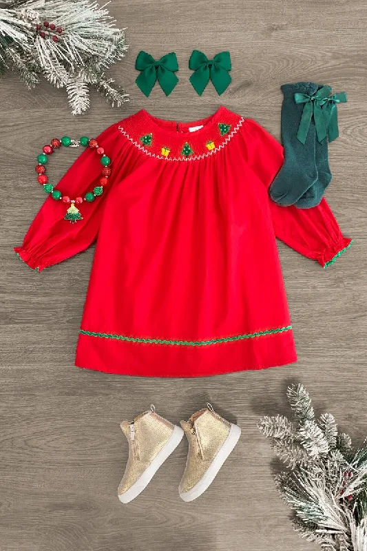 Red Embroidered Christmas Tree Dress