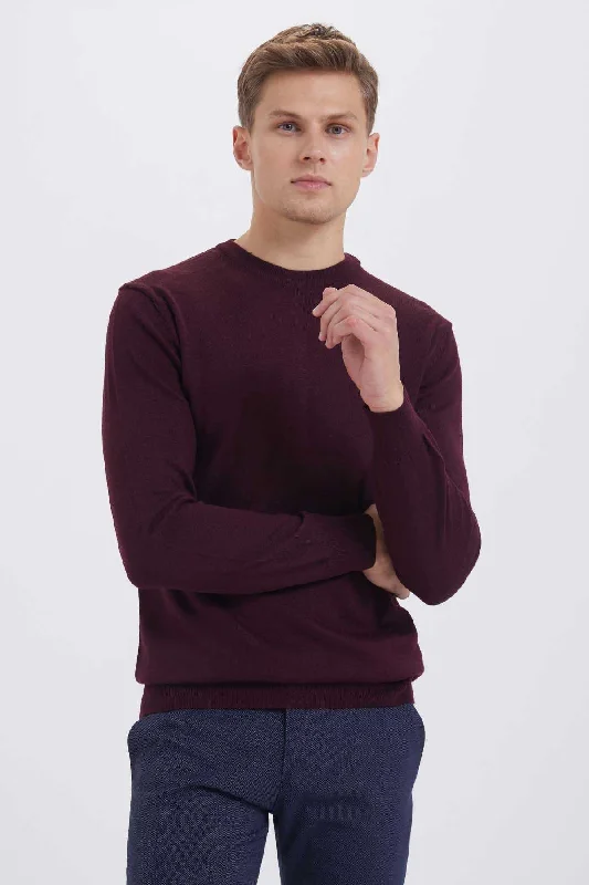 Regular Fit Basic Wool Blend Burgundy Crewneck Sweater