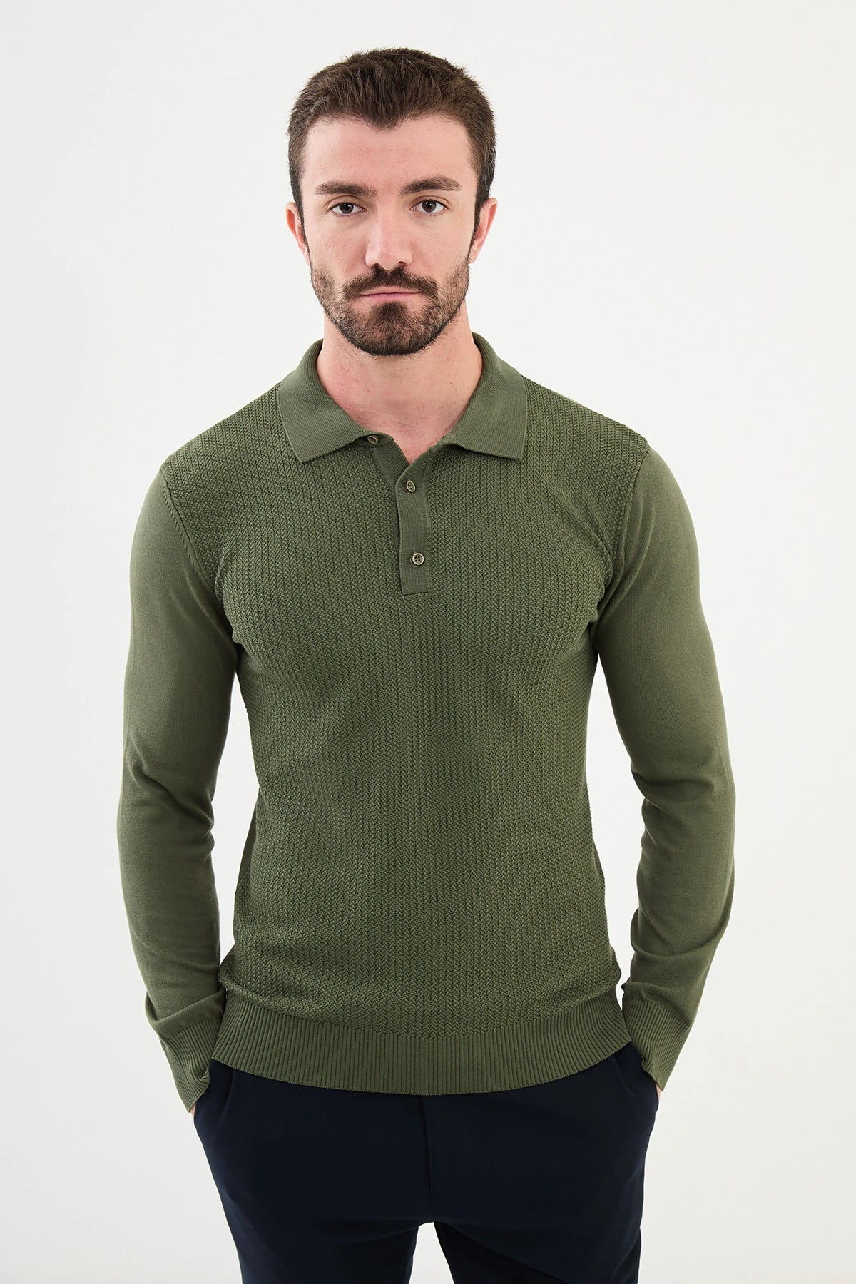 Bojoni Capena Patterned Slim Fit Polo Neck Khaki Knitwear Sweater