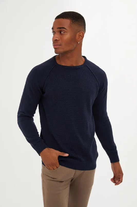 Slim Fit Patterned Cotton Blend Red Crewneck Sweater, Navy