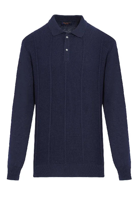 Regular Fit Cable Knit Cotton Blend Navy Polo Sweater