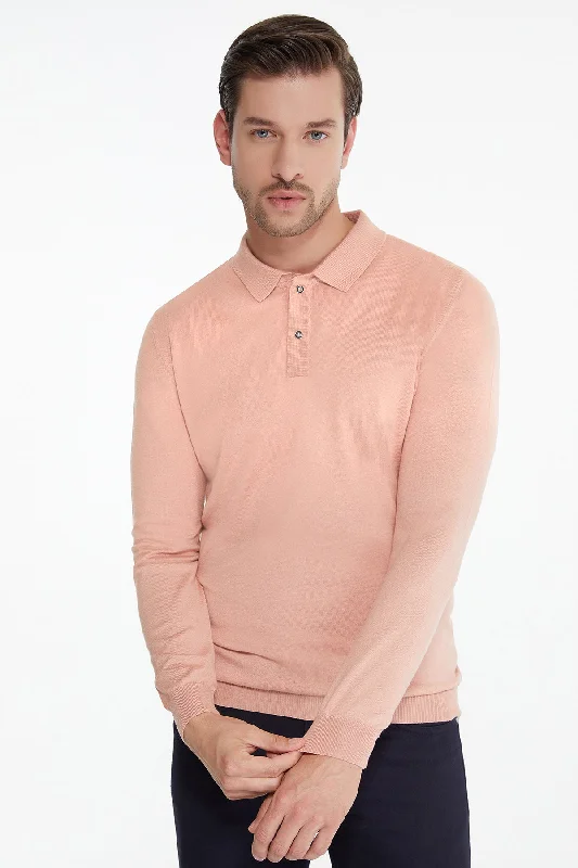 Regular Fit Cotton Blend Salmon Polo Sweater