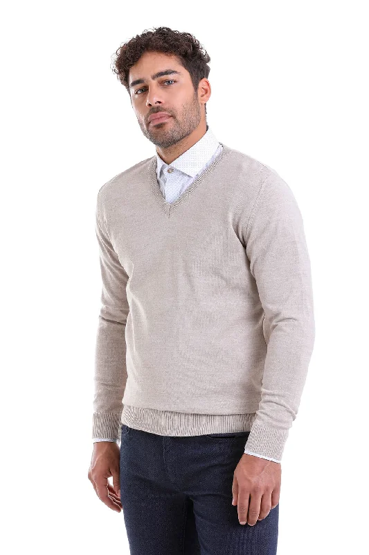 Comfort Fit Wool Blend Beige V-Neck Sweater