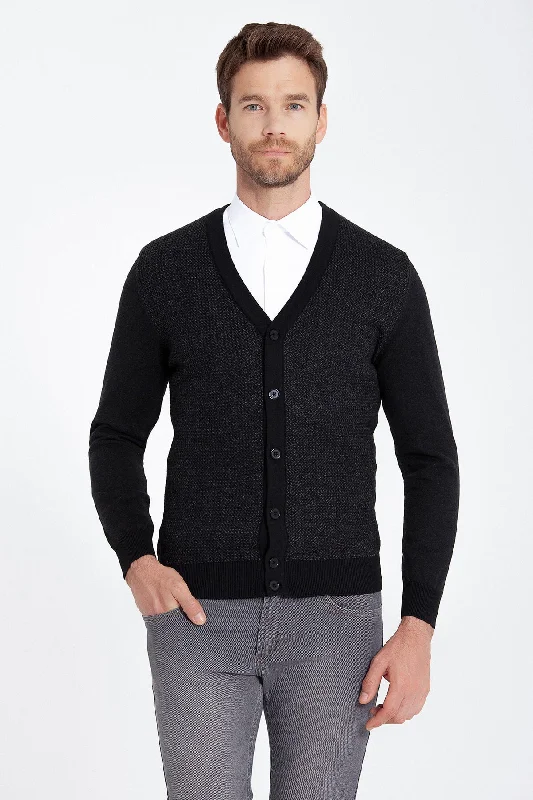 Regular Fit Patterned Cotton Blend Black - Charcoal Cardigan