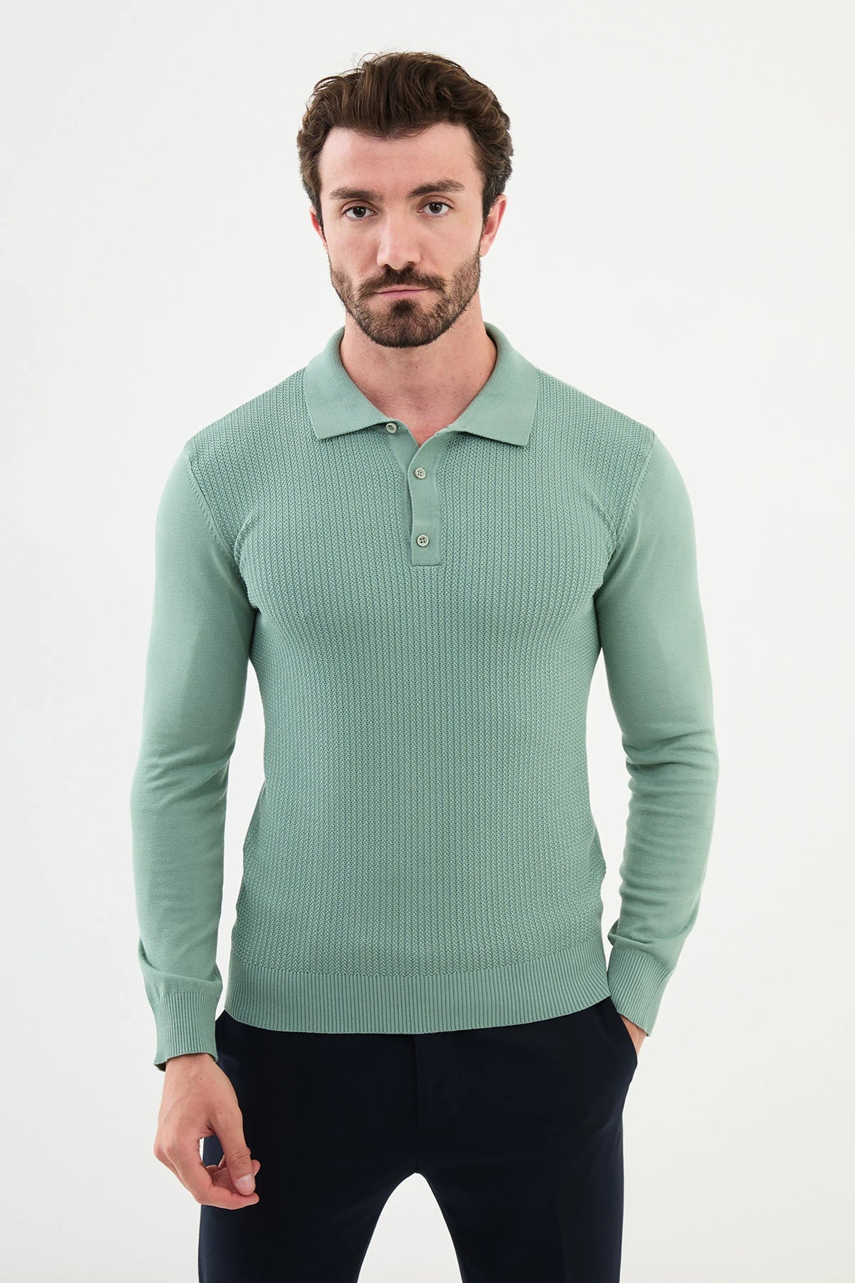 Bojoni Capena Patterned Slim Fit Polo Neck Light Green Knitwear Sweater