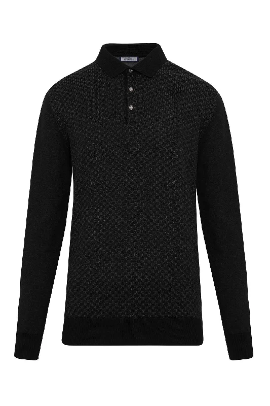 Regular Fit Cotton Blend Black - Gray Polo Sweater