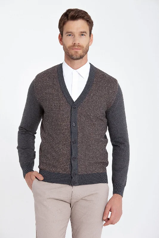 Regular Fit Patterned Cotton Blend Charcoal - Camel Cardigan