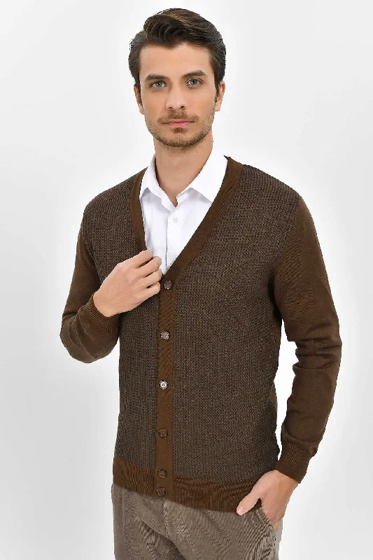 Regular Fit Patterned CottonBlend Navy & Indigo Cardigan, Brown - Charcoal