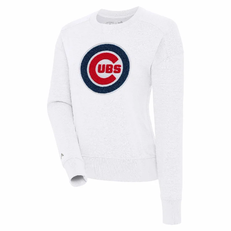 Chicago Cubs Women's Forward White Chenille Bullseye Antigua Crewneck Sweatshirt