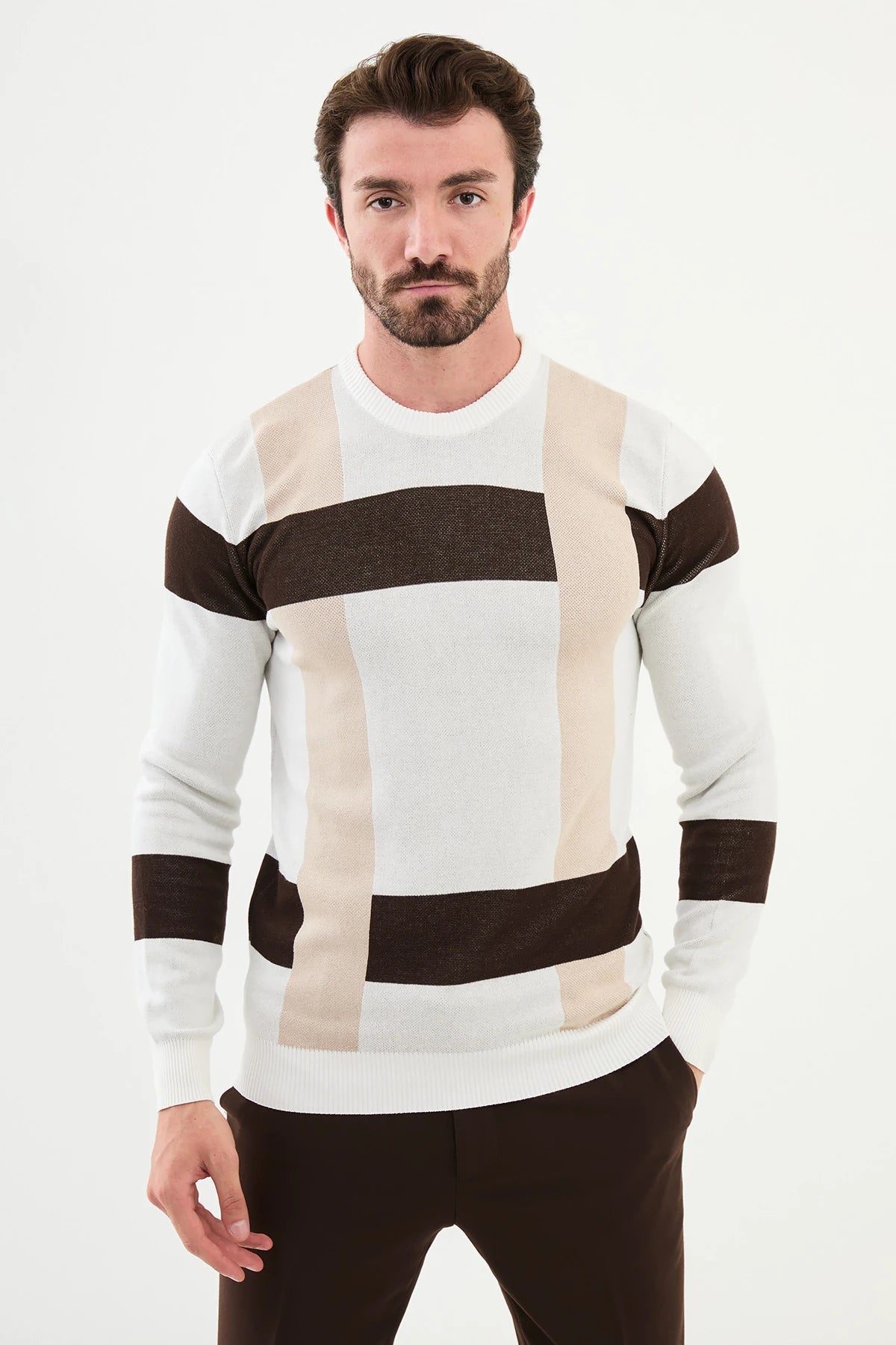 Bojoni Capena Patterned Slim Fit Crew Neck Ecru Knitwear Sweater