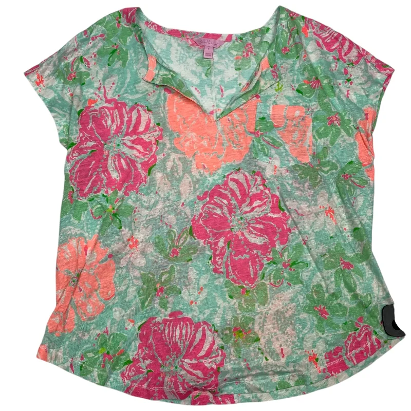 Top Short Sleeve Designer By Lilly Pulitzer In Green & Pink, Size: L