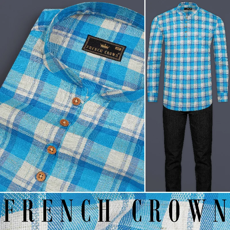 Cerulean Blue and Bright White Plaid Twill Premium Cotton Kurta Shirt