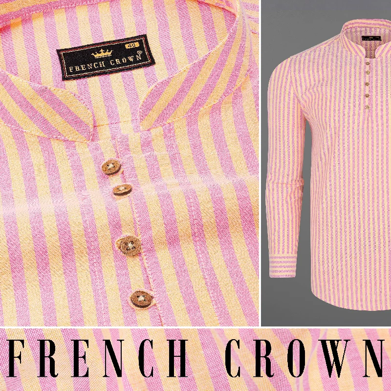 Marzipan Yellow and Pastel Pink Striped Royal Oxford Kurta Shirt